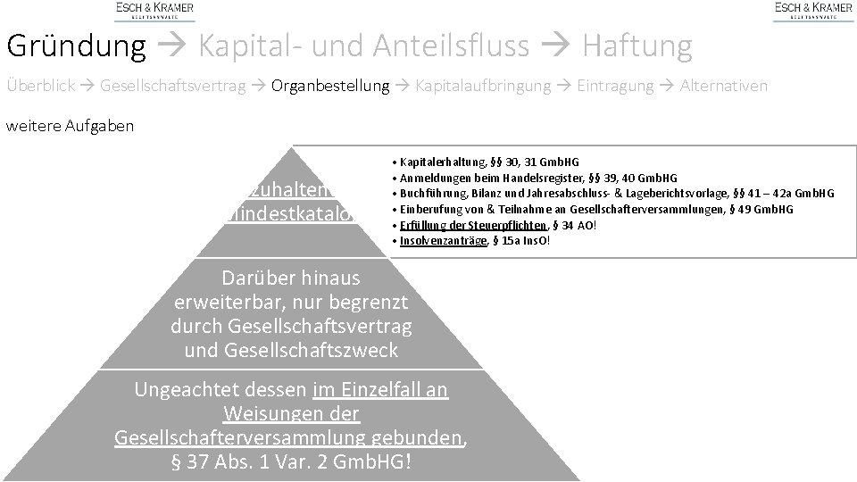 Gründung Kapital- und Anteilsfluss Haftung Überblick Gesellschaftsvertrag Organbestellung Kapitalaufbringung Eintragung Alternativen weitere Aufgaben Einzuhaltender