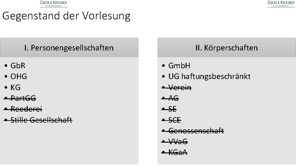 Gegenstand der Vorlesung I. Personengesellschaften • Gb. R • OHG • KG • Part.