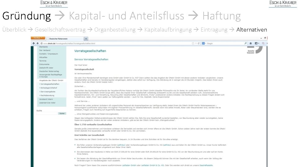 Gründung Kapital- und Anteilsfluss Haftung Überblick Gesellschaftsvertrag Organbestellung Kapitalaufbringung Eintragung Alternativen 