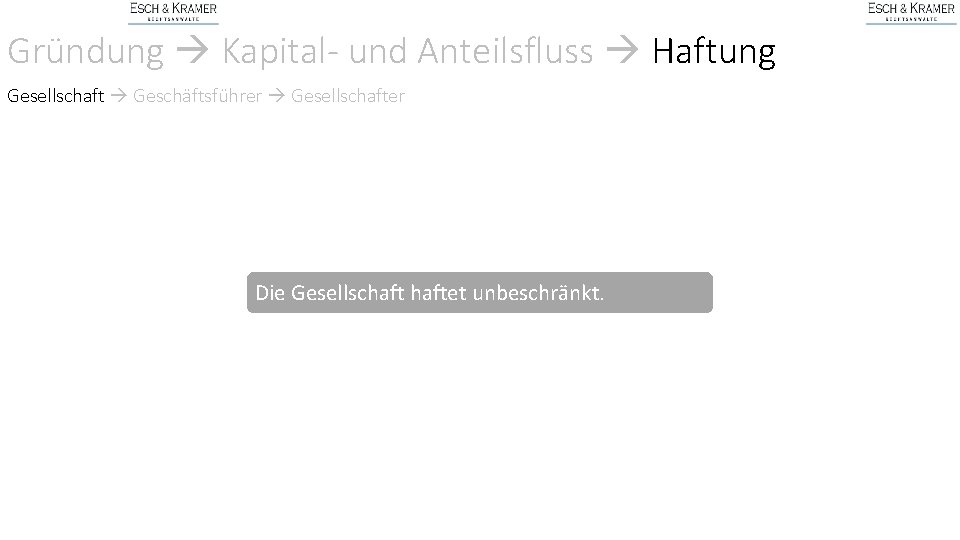 Gründung Kapital- und Anteilsfluss Haftung Gesellschaft Geschäftsführer Gesellschafter Die Gesellschaftet unbeschränkt. 