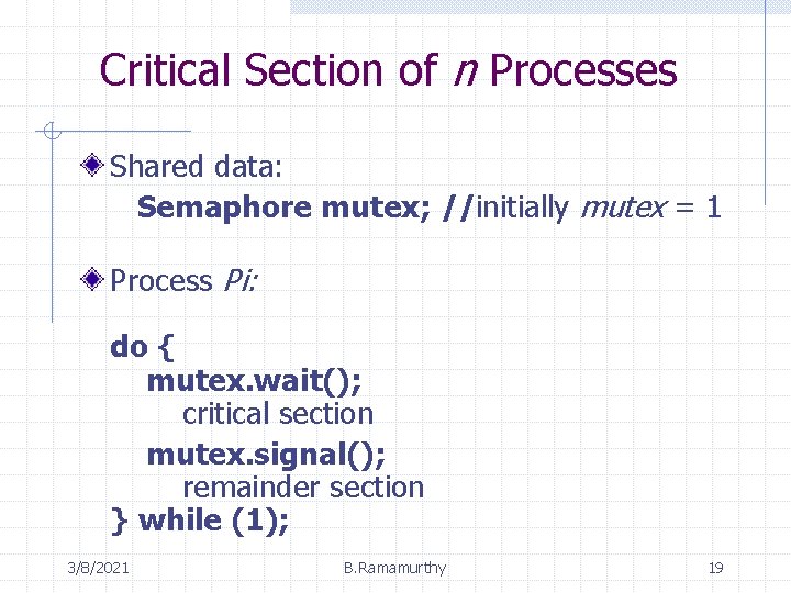 Critical Section of n Processes Shared data: Semaphore mutex; //initially mutex = 1 Process