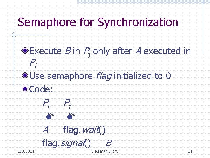 Semaphore for Synchronization Execute B in Pj only after A executed in Pi Use