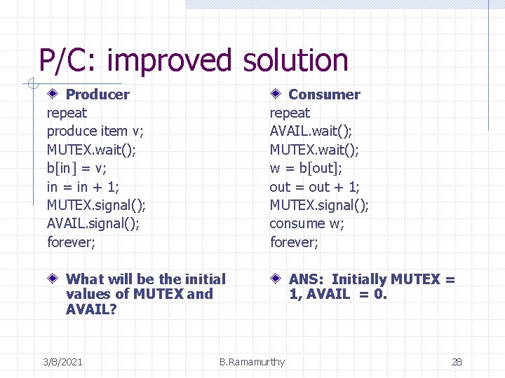P/C: improved solution Producer repeat produce item v; MUTEX. wait(); b[in] = v; in