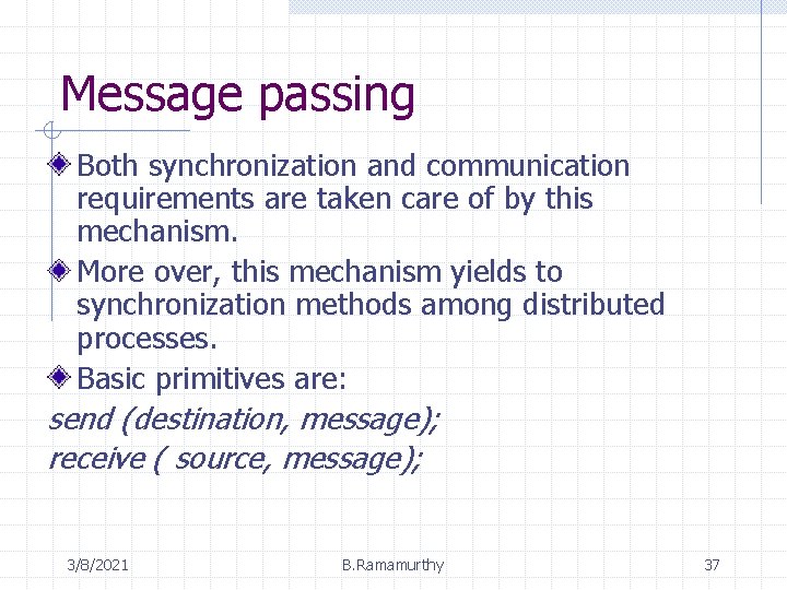 Message passing Both synchronization and communication requirements are taken care of by this mechanism.