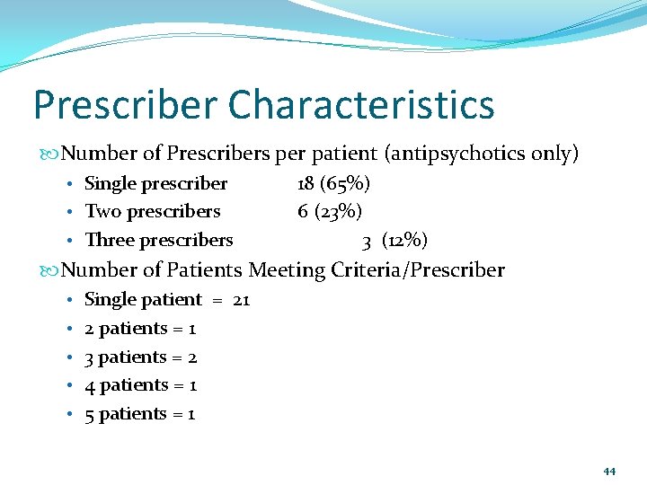 Prescriber Characteristics Number of Prescribers per patient (antipsychotics only) • Single prescriber • Two