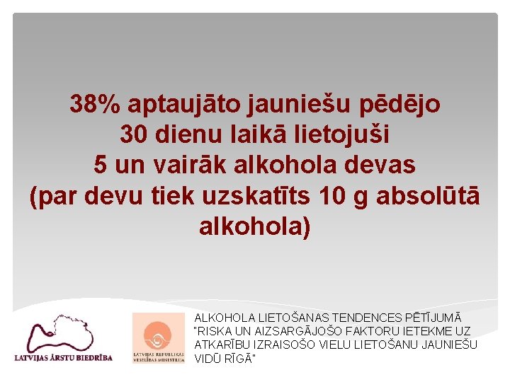 38% aptaujāto jauniešu pēdējo 30 dienu laikā lietojuši 5 un vairāk alkohola devas (par