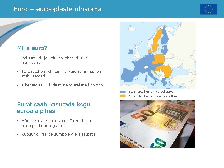 Euro – eurooplaste ühisraha Miks euro? • Valuutarisk ja valuutavahetuskulud puuduvad • Tarbijatel on