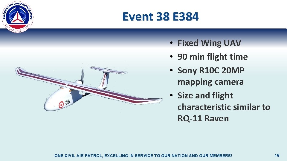 Event 38 E 384 • Fixed Wing UAV • 90 min flight time •