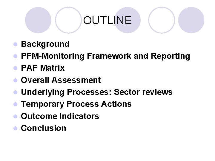 OUTLINE l l l l Background PFM-Monitoring Framework and Reporting PAF Matrix Overall Assessment