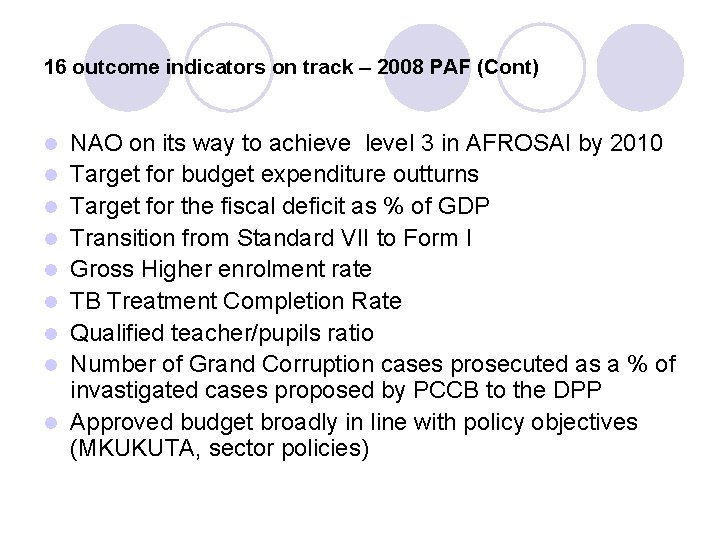 16 outcome indicators on track – 2008 PAF (Cont) l l l l l