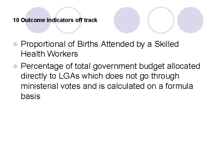 10 Outcome indicators off track Proportional of Births Attended by a Skilled Health Workers