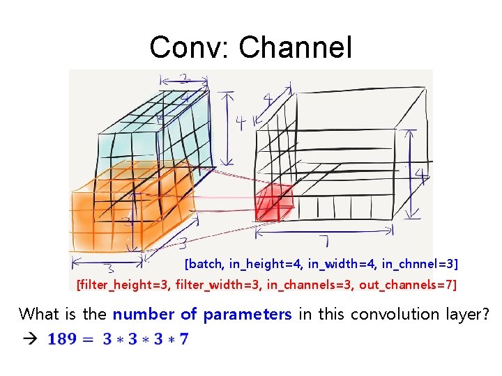 Conv: Channel [batch, in_height=4, in_width=4, in_chnnel=3] [filter_height=3, filter_width=3, in_channels=3, out_channels=7] What is the number