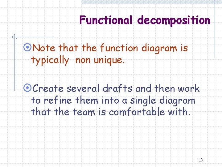 Functional decomposition ¤Note that the function diagram is typically non unique. ¤Create several drafts