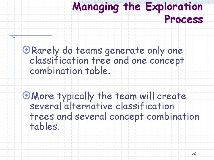 Managing the Exploration Process ¤Rarely do teams generate only one classification tree and one
