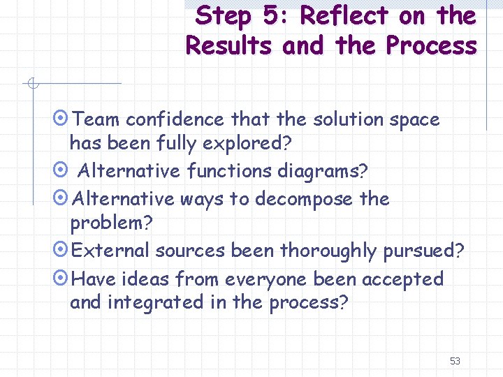 Step 5: Reflect on the Results and the Process ¤Team confidence that the solution