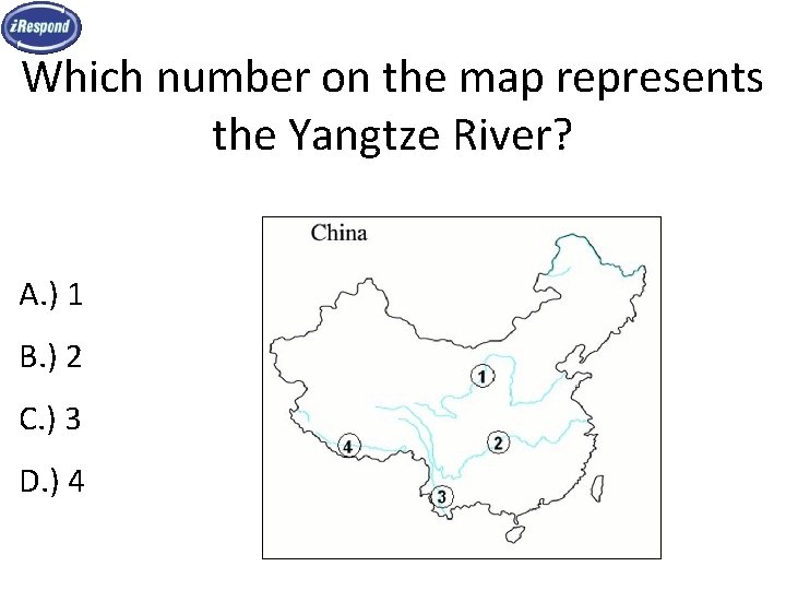 Which number on the map represents the Yangtze River? A. ) 1 B. )