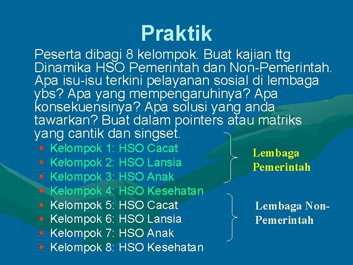 Praktik Peserta dibagi 8 kelompok. Buat kajian ttg Dinamika HSO Pemerintah dan Non-Pemerintah. Apa