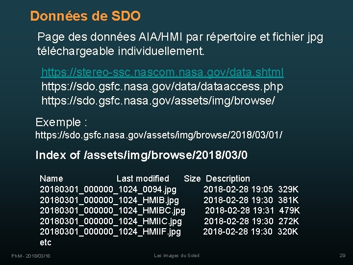 Données de SDO Page des données AIA/HMI par répertoire et fichier jpg téléchargeable individuellement.