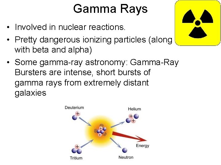 Gamma Rays • Involved in nuclear reactions. • Pretty dangerous ionizing particles (along with