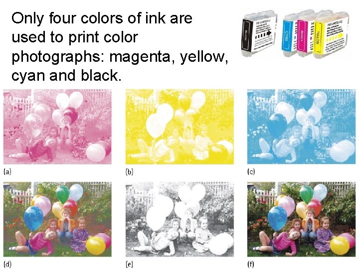 Only four colors of ink are used to print color photographs: magenta, yellow, cyan