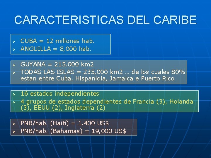 CARACTERISTICAS DEL CARIBE Ø Ø Ø Ø CUBA = 12 millones hab. ANGUILLA =