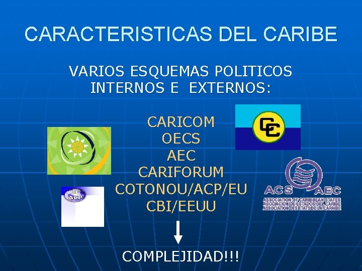 CARACTERISTICAS DEL CARIBE VARIOS ESQUEMAS POLITICOS INTERNOS E EXTERNOS: CARICOM OECS AEC CARIFORUM COTONOU/ACP/EU