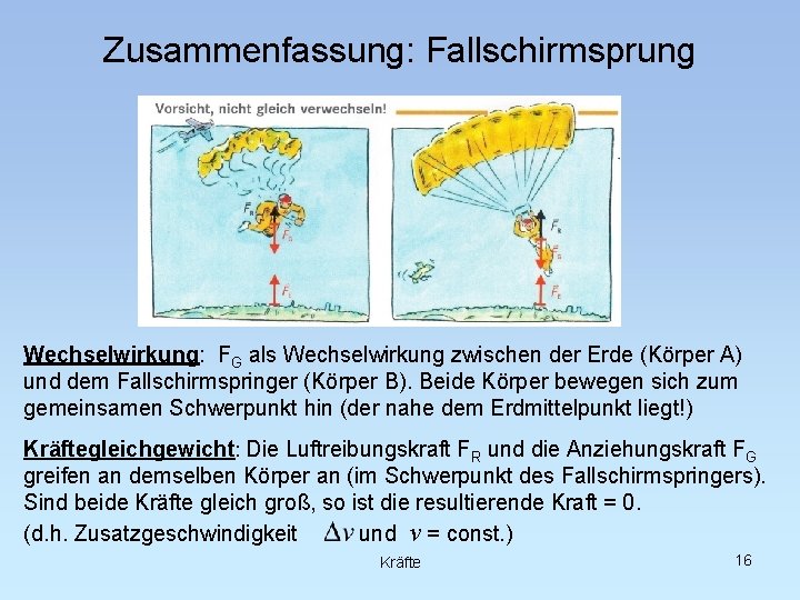 Zusammenfassung: Fallschirmsprung Wechselwirkung: FG als Wechselwirkung zwischen der Erde (Körper A) und dem Fallschirmspringer