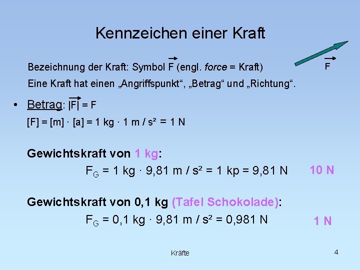 Kennzeichen einer Kraft Bezeichnung der Kraft: Symbol F (engl. force = Kraft) F Eine