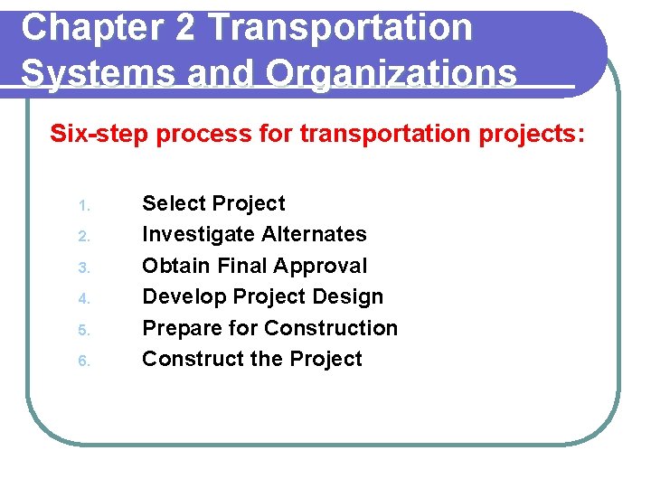 Chapter 2 Transportation Systems and Organizations Six-step process for transportation projects: 1. 2. 3.