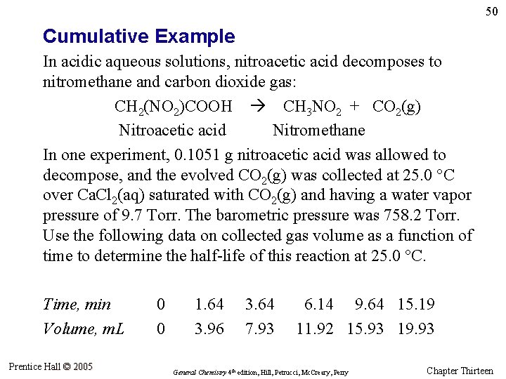 50 Cumulative Example In acidic aqueous solutions, nitroacetic acid decomposes to nitromethane and carbon