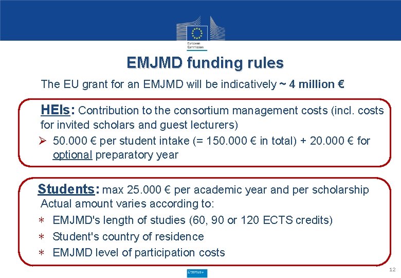 EMJMD funding rules The EU grant for an EMJMD will be indicatively ~ 4