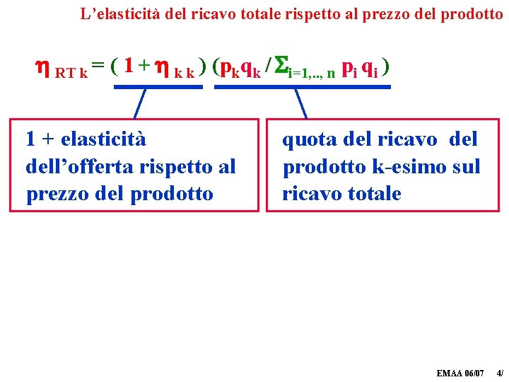 L’elasticità del ricavo totale rispetto al prezzo del prodotto RT k = ( 1