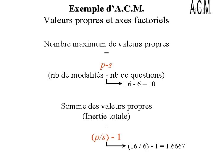 Exemple d’A. C. M. Valeurs propres et axes factoriels Nombre maximum de valeurs propres