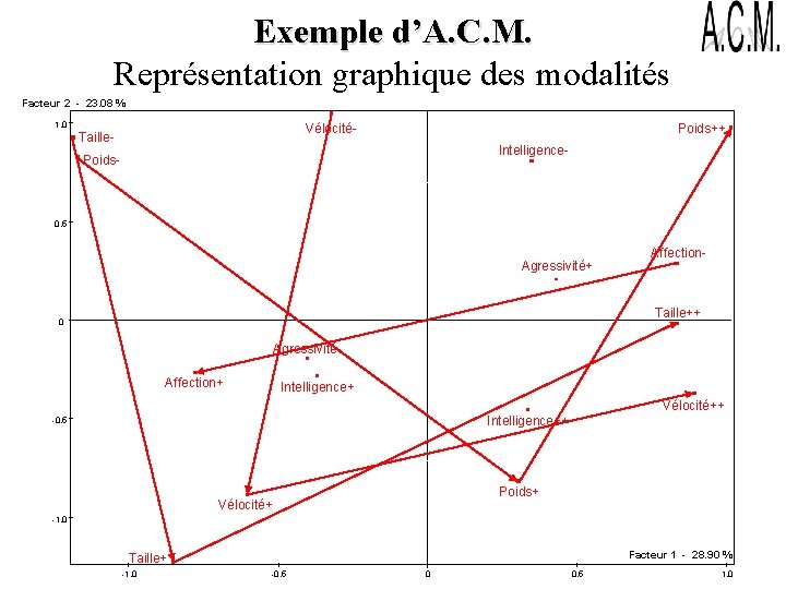 Exemple d’A. C. M. Représentation graphique des modalités Facteur 2 - 23. 08 %