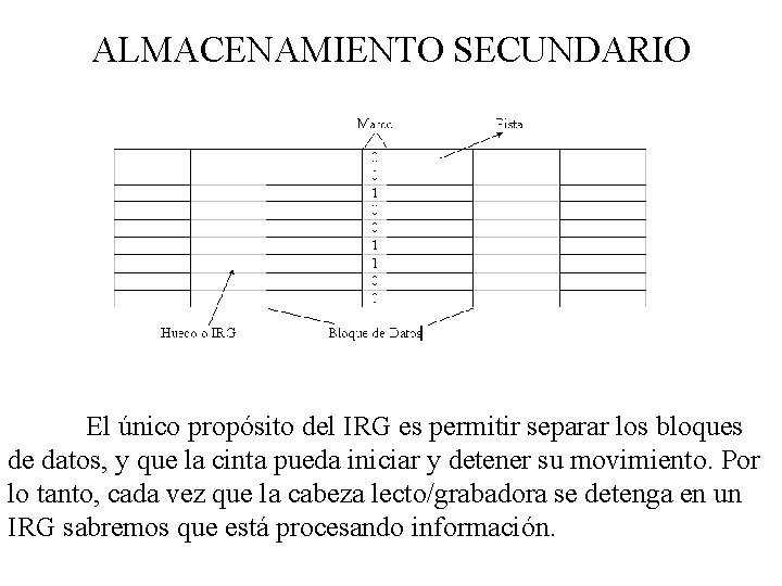 ALMACENAMIENTO SECUNDARIO El único propósito del IRG es permitir separar los bloques de datos,