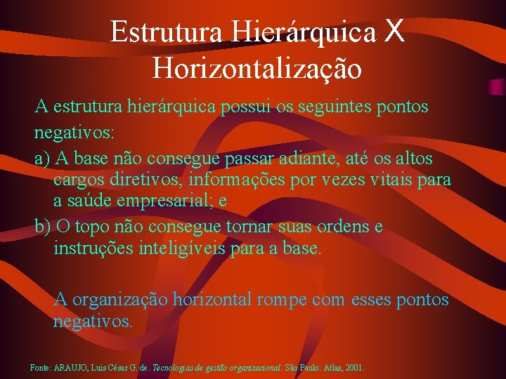 Estrutura Hierárquica X Horizontalização A estrutura hierárquica possui os seguintes pontos negativos: a) A