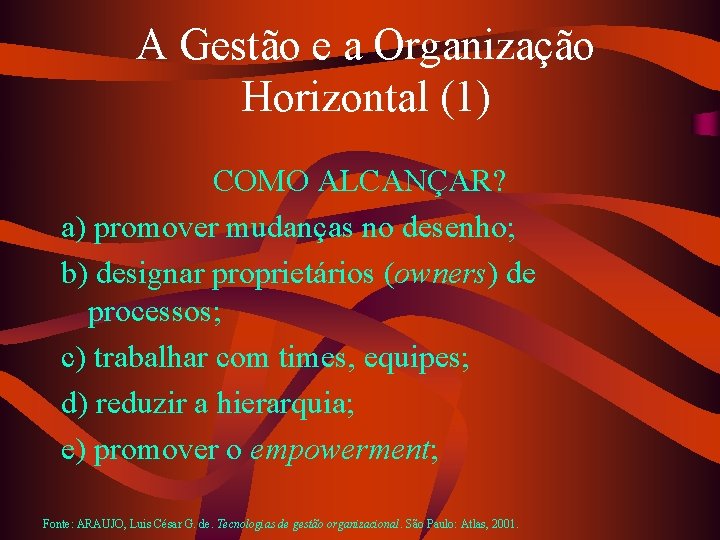 A Gestão e a Organização Horizontal (1) COMO ALCANÇAR? a) promover mudanças no desenho;