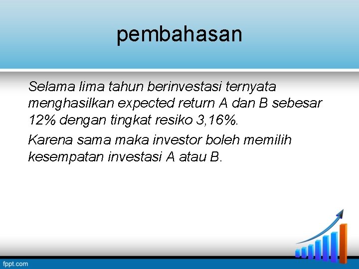 pembahasan Selama lima tahun berinvestasi ternyata menghasilkan expected return A dan B sebesar 12% pembahasan Selama lima tahun berinvestasi ternyata menghasilkan expected return A dan B sebesar 12%