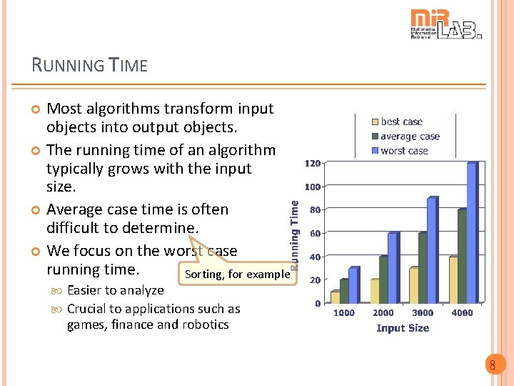 RUNNING TIME Most algorithms transform input objects into output objects. The running time of