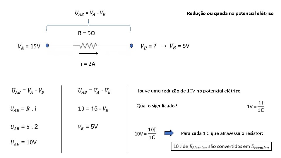  Redução ou queda no potencial elétrico R = 5Ω i = 2 A