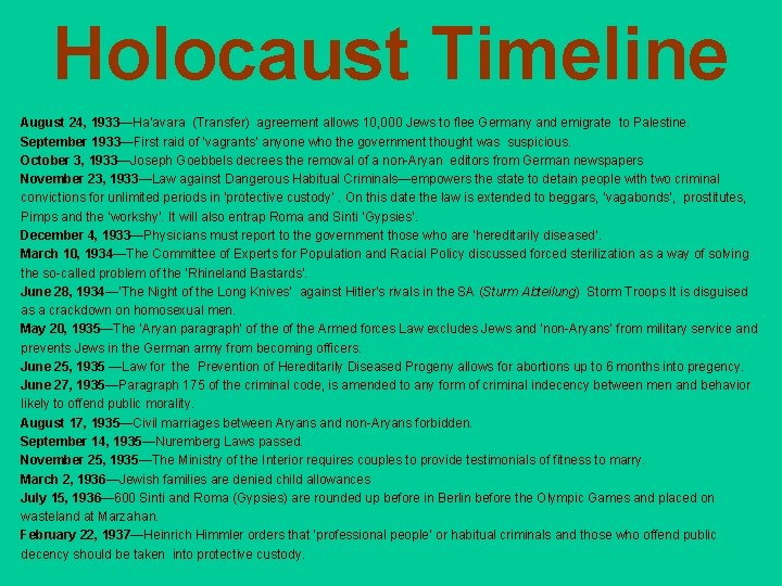Holocaust Timeline August 24, 1933—Ha’avara (Transfer) agreement allows 10, 000 Jews to flee Germany Holocaust Timeline August 24, 1933—Ha’avara (Transfer) agreement allows 10, 000 Jews to flee Germany