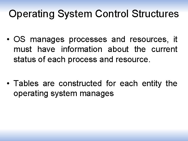 Operating System Control Structures • OS manages processes and resources, it must have information