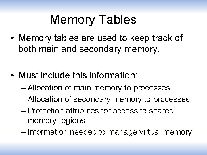 Memory Tables • Memory tables are used to keep track of both main and