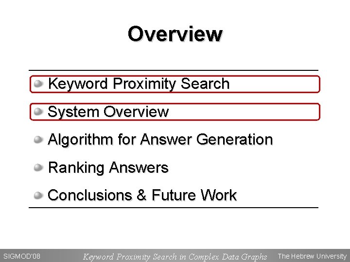 Overview Keyword Proximity Search System Overview Algorithm for Answer Generation Ranking Answers Conclusions &