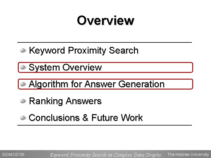 Overview Keyword Proximity Search System Overview Algorithm for Answer Generation Ranking Answers Conclusions &