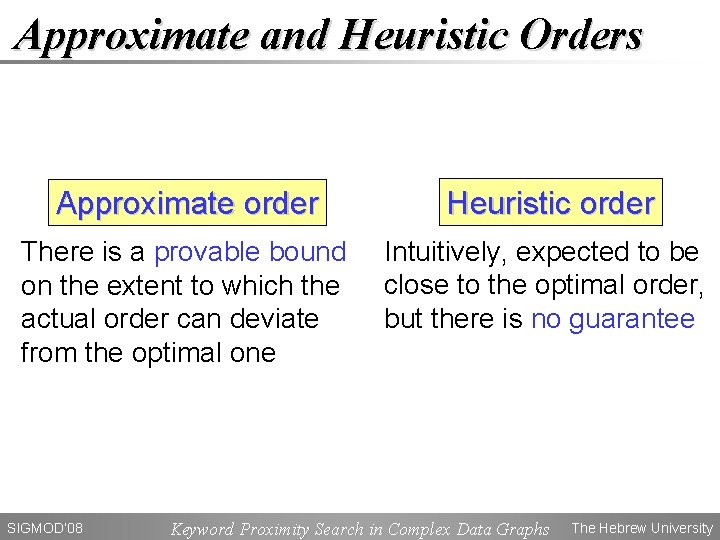 Approximate and Heuristic Orders Approximate order Heuristic order There is a provable bound on