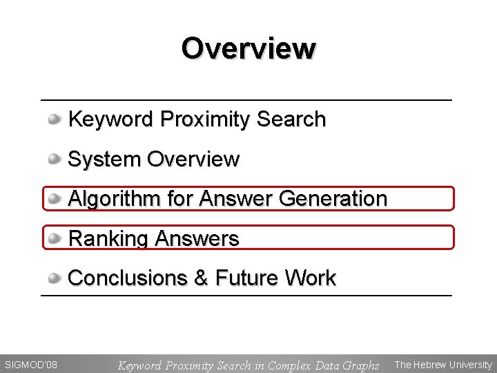 Overview Keyword Proximity Search System Overview Algorithm for Answer Generation Ranking Answers Conclusions &