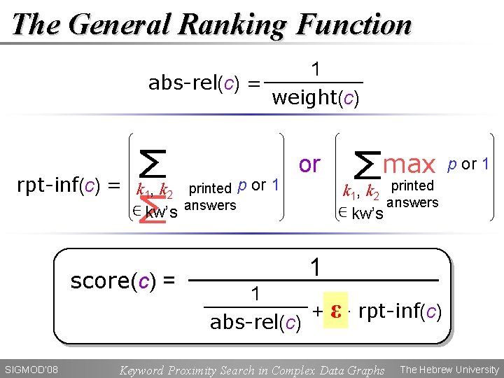 The General Ranking Function 1 abs-rel(c) = weight(c) ∑ rpt-inf(c) = k , k