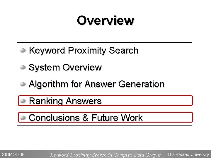 Overview Keyword Proximity Search System Overview Algorithm for Answer Generation Ranking Answers Conclusions &