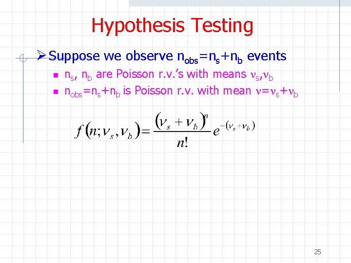 Hypothesis Testing Ø Suppose we observe nobs=ns+nb events n n ns, nb are Poisson